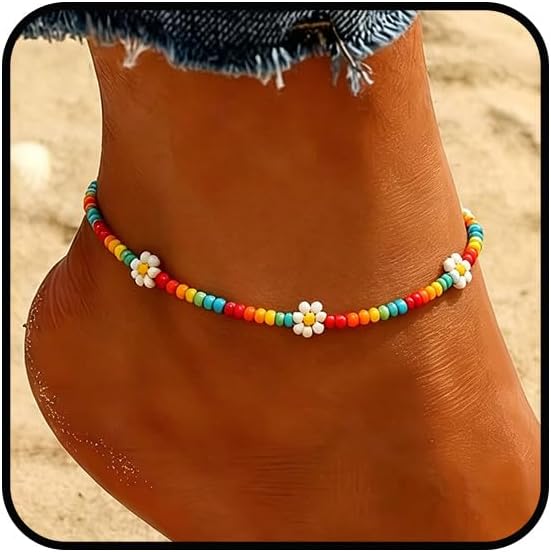 Beaded Chain Ankle Bracelets for Women Waterproof Sunflower Anklets Beachy Vacation Foot Jewelry Gifts