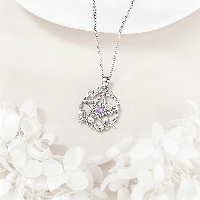 Birthstone Pentagram Necklace for Women 925 Sterling Silver Pentacle Daisy Pendant Pentacle Jewelry Birthday Gifts