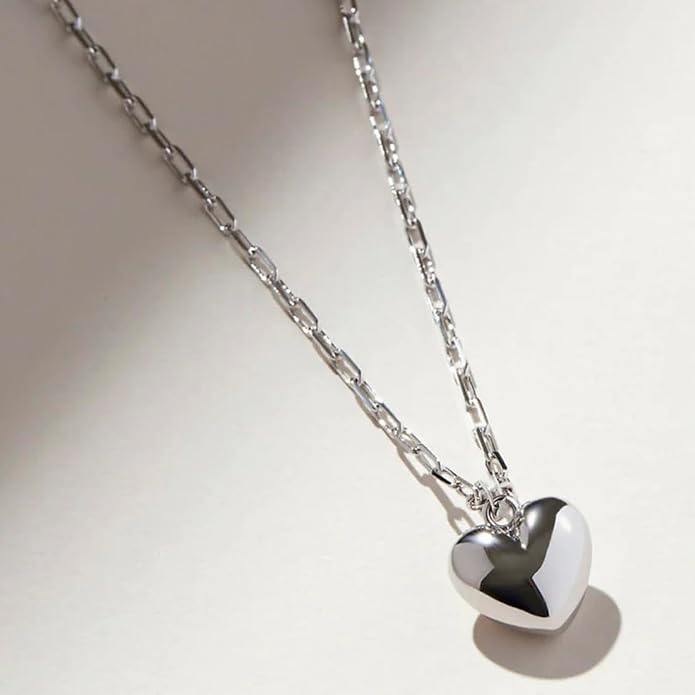 Puffy Heart Necklace 14K Gold Plated Dainty Paperclip Chain Choker Puffed Charm Pendant Necklaces Jewelry for Women