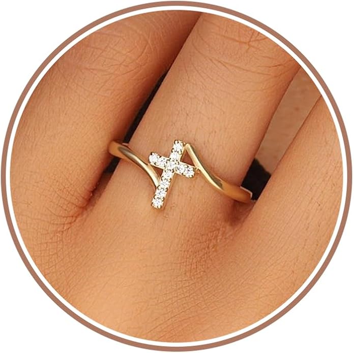 Gold Cross Statement Rings for Women 14K Gold Silver Tone Non Tarnish Cute Band High Polished Smooth Comfort Fit Size 5-10