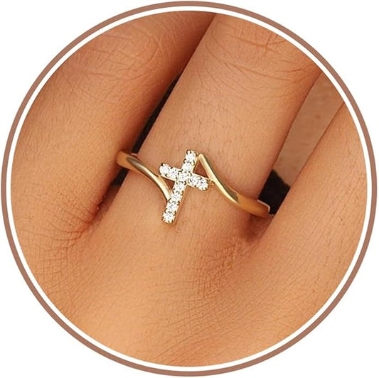 Gold Cross Statement Rings for Women 14K Gold Silver Tone Non Tarnish Cute Band High Polished Smooth Comfort Fit Size 5-10