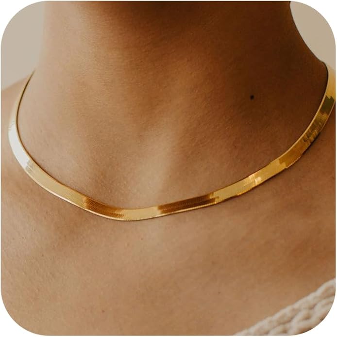 DEARMAY 14K Gold Plated Herringbone Necklaces for Women, Dainty Gold Snake Choker Chain Non Tarnish Trendy Simple Thin & Chunky Options Neckalce 1.5/3/5/6/8mm Chain Jewelry for Gifts