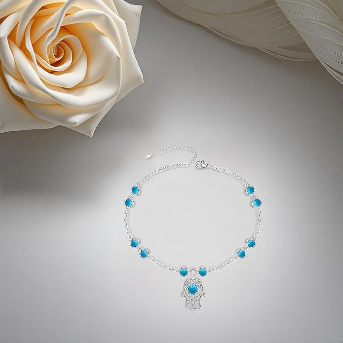 Anklets for Women S925 Sterling Silver Hand of Fatima Charm Dainty Evil Eye Hamsa Hand Anklet Adjustable Turquoise Jewelry Mothers Day Gifts for Mom