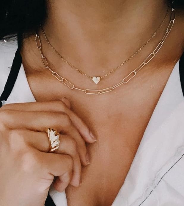 Lauren Paperclip Bolo Necklace Layered Stacked Paper-clip Link for Women Adjustable Lobster Clasp Gold Plated Stainless Steel Link Charm Chain(16"/20"/24")