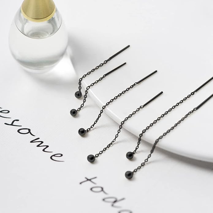 3 Pairs Threader Earrings 925 Sterling Silver Long Chain Earrings Bar/Ball Wrap Threader Drop Earrings for Women Lightweight Minimalist Mother's Day Jewelry Set