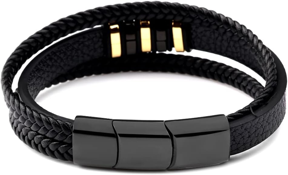 LONDON Mens Bracelet Leather Black Multi-Layer Stone Beads Adjustable Steel Clasp Viking Rope Bands Surfer Man Wristband Male UK Jewellery Gift box Boyfriend Dad Son Brother Tiger Eye