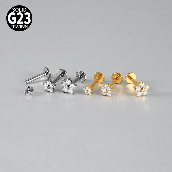 3PCS Titanium Mix Sizes Flower Zircon Lip Piercing Internal Thread Cz Small/Large Flower Labret Tragus Ear Cartilage Flat Piercing