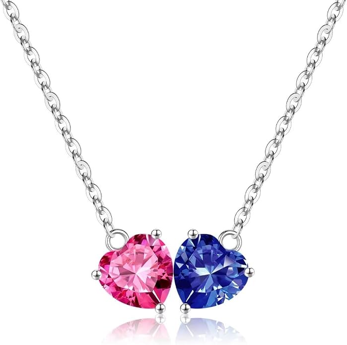 Iefil 1.25Ct Double Heart Birthstone Necklace - 925 Sterling Silver Birthstone Necklace, Birthday Gifts for Women, Jewelry Gifts for Mom Daughter Wife