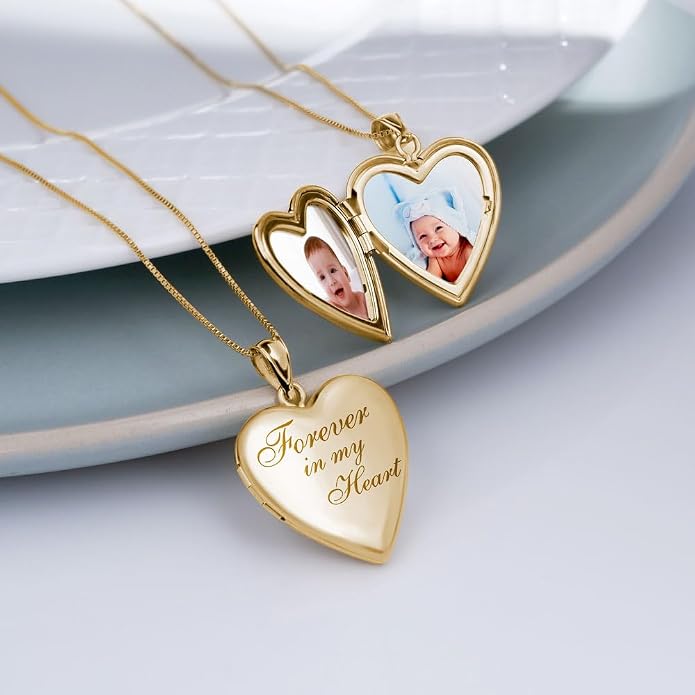 PicturesOnGold.com Forever In My Heart Locket Necklace for Women That Hold Pictures in Silver or Yellow Gold.