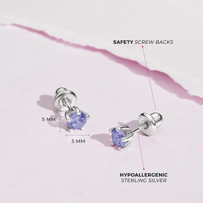 In Season Jewelry Solitaire Simulated Birthstone Kids Earrings - 925 Sterling Silver Hypoallergenic Earrings for Girls with Secure Screw Backs - Safe & Comfortable for Kids & Little Girls
