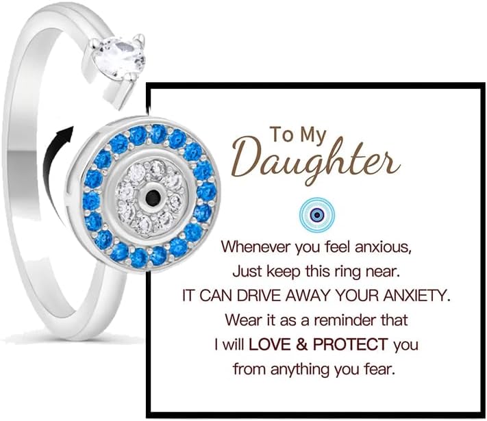 LIU JUN To My Daughter - Evil Eye Fidget Ring For Women, It Can Drive Away Your Anxiety CZ Spinning Adjustable Inspirations Gift Jewelry