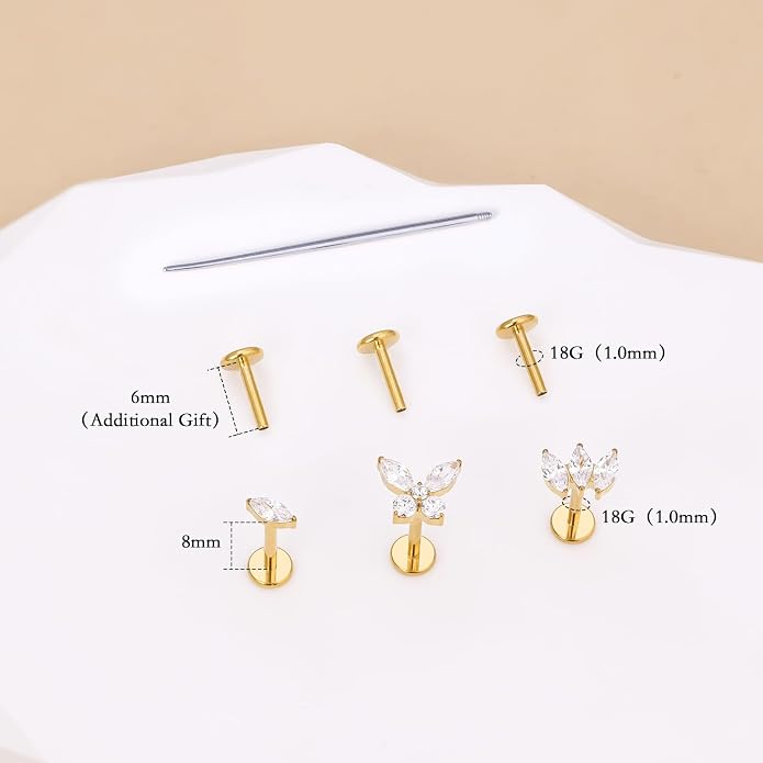 limerencia Titanium Internally Threaded Flat Back Earrings, 3 Pcs Implant Grade Hypoallergenic Studs, 18G Tragus Helix Conch Cartilage Piercing Jewelry for Sensitive Ears Women Men, Gold/Silver