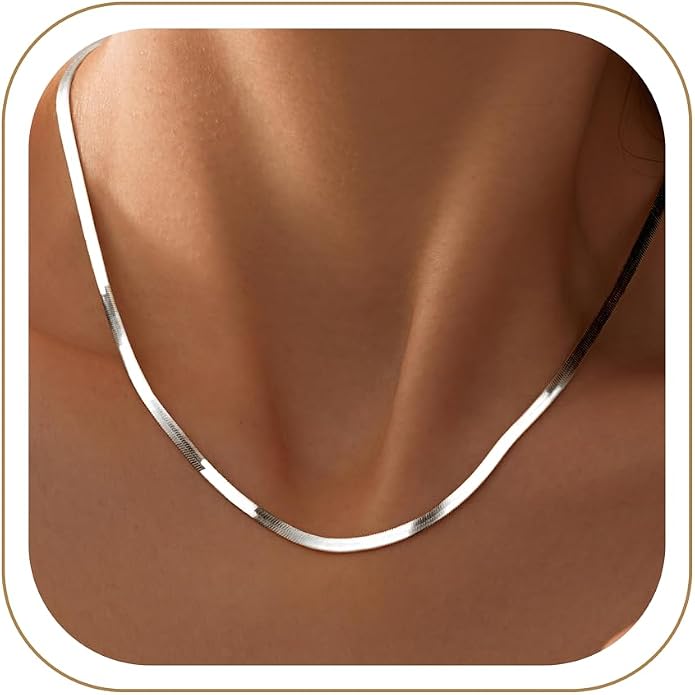 WomenGifts 14K Gold Silver Plated Herringbone Necklace for Women, Dainty Snake Chain Choker, Trendy Simple Long Layered Jewelry Non Tarnish, 3/4/5/8mm,14,16,18,20,22,24,26 Inch Thin & Chunky Options