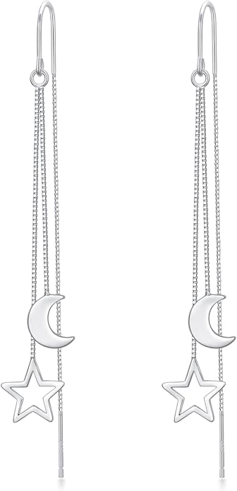 VONALA Moon Star Threader Earrings Sterling Silver Long Earrings for Women Hypoallergenic Tassel Chain Earrings for Teen Girls
