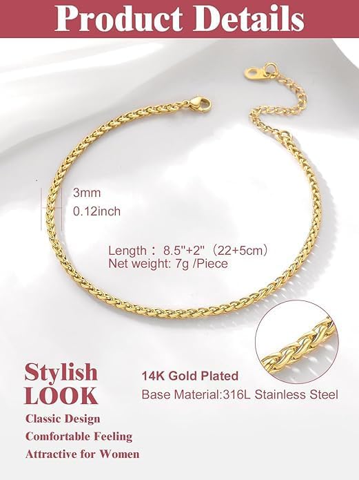 FOCALOOK 14K Gold Plated Anklets for Women Waterproof Plus Size Ankle Bracelet 8.5-10.5 Inch Adjustable Mariner/Figaro/Flat Snake/Cuban Link Chain Anklet Jewelry for Summer Beach Holiday