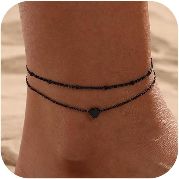 Ankle Bracelets for Women 14K Gold/Silver Plated Cross Heart Bead Anklet Waterproof Adjustable Chain Non Tarnish Cute Boho Trendy Dainty Summer Beach Foot Jewelry Gift for Her