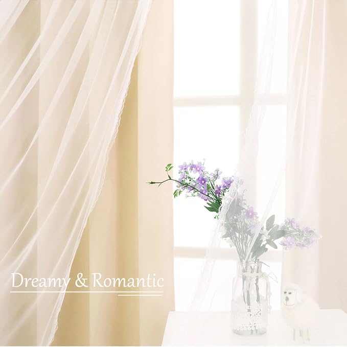 Beige Blackout Curtains with Sheer 54 Inches - Double Layered Short Blackout Curtains with Voile Sheer Drapes for Kids/Girls Bedroom Nursery Living Room, Biscotti Beige, 2 PCs
