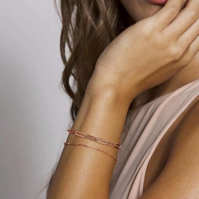 Dainty Gold Bracelets for Women, 14K Gold Plated Adjustable Layered Beads Bracelet Cute Evil Eye Oval Chain Pearl Bar Turtle Gold Bracelets for Women Jewelry