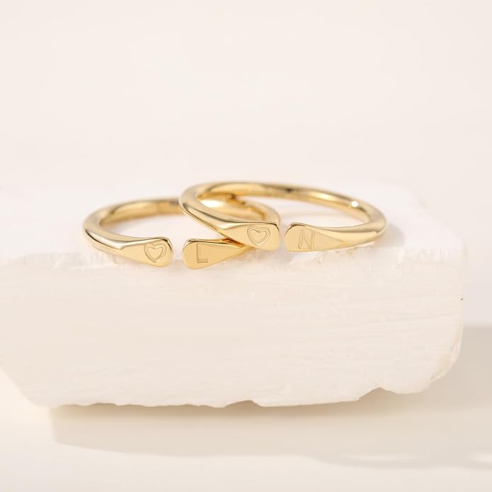 14k Gold Filled Hand Carving Initial Rings for Women Non Tarnish Wedding Heart Shaped Bands for Women