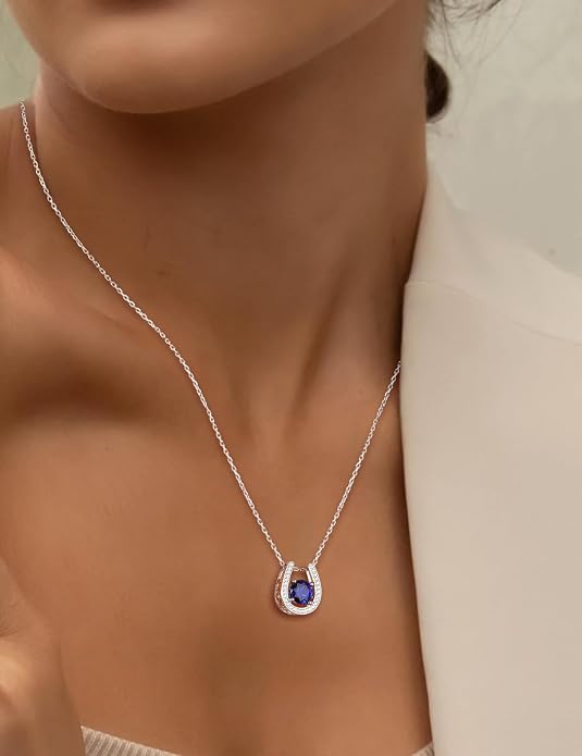 925 Sterling Silver Horseshoe Necklace for Women Round Gemstone Birthstone Necklace Sapphire/Emerald/Ruby/CZ Horse Shoe Pendant Necklaces Jewelry Gift