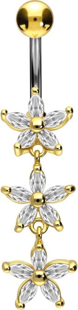 PIERCINGLINE Titanium Belly Button Piercing 925 Silver Design CRYSTAL FLOWERS