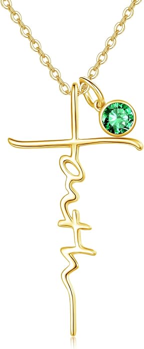 PRAYMOS Faith Cross Necklace for Women 925 Sterling Silver Pendant Necklace With Birthstone Initial Christian Religious Confirmation Baptism Mothers Day Gifts