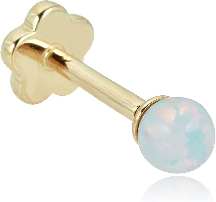 AVORA 14K Gold 3mm Simulated Opal Cartilage Piercing Flat Back Earring Body Jewelry (18 Gauge)