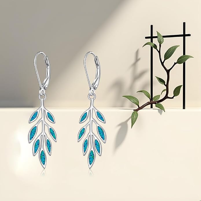 Leaf Earrings for Women Sterling Silver Opal Dangle Earrings Nature Green Blue Opal Drop Leaf Abalone Shell Jewelry Gifts
