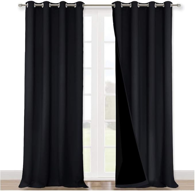NICETOWN Full Shading Curtains 90 inches Long 2 Panels Set for Windows, Super Heavy-Duty Black Lined Blackout Curtains for Bedroom, Privacy Assured Window Treatment (Black, 52 inches W)