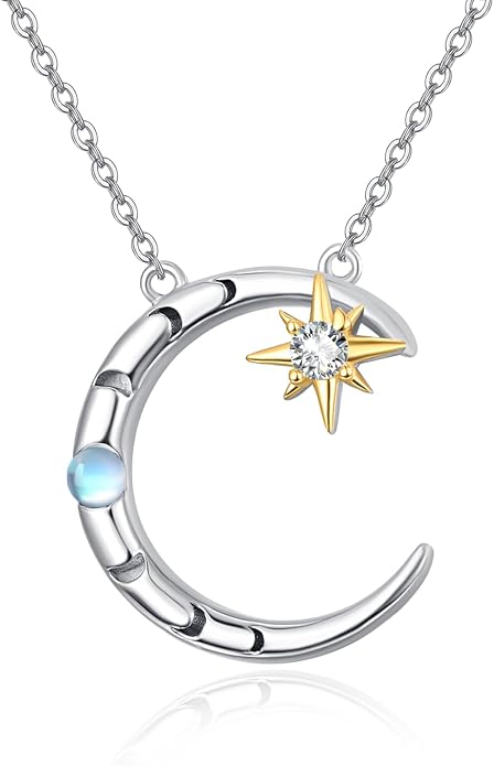 Palpitate Moon Star Necklace Moon Phase Necklace Pendant 925 Sterling Silver Jewelry Christmas Gifts for Women Wife Her Adjustable Chain