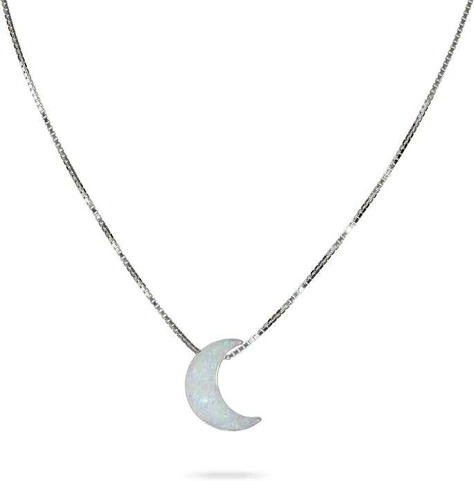 AVNIS White Opal Moon Necklace Crescent Moon Choker Jewelry, Dainty Box chain Length 16+2 Inches extender Gift for Girl Women