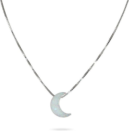 AVNIS White Opal Moon Necklace Crescent Moon Choker Jewelry, Dainty Box chain Length 16+2 Inches extender Gift for Girl Women