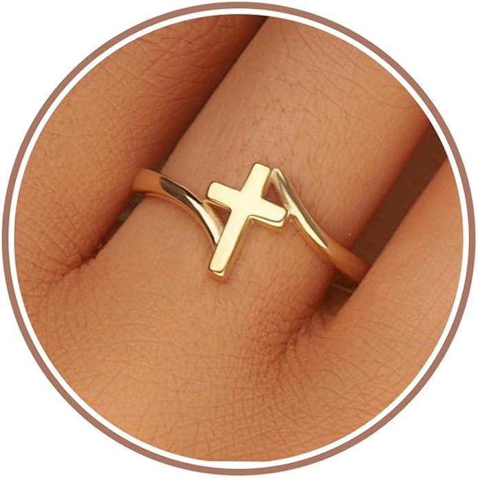Gold Cross Statement Rings for Women 14K Gold Silver Tone Non Tarnish Cute Band High Polished Smooth Comfort Fit Size 5-10