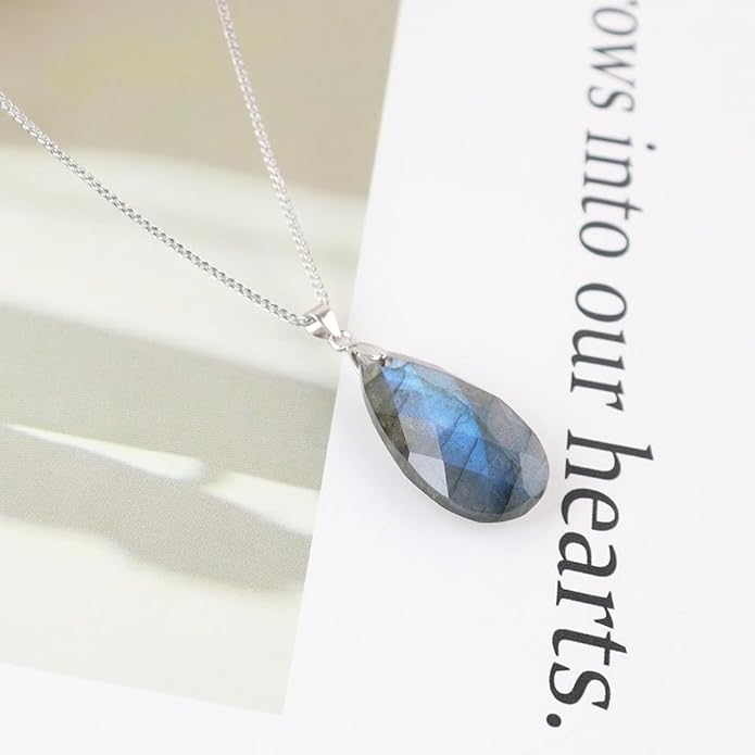 iSTONE 925 Sterling Silver Natural Crytral for Womens Pendant Necklace, Gemstone Birthstone with 17.8" Silver Chain Ladies