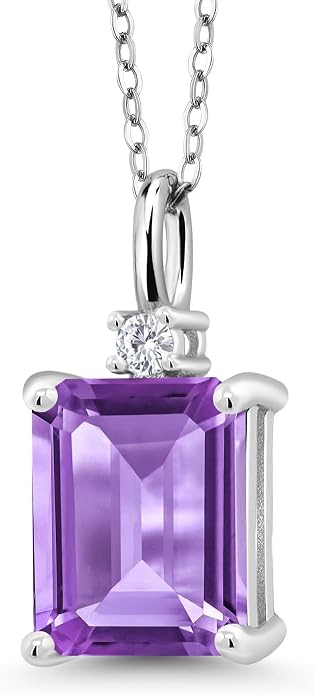 Gem Stone King 925 Sterling Silver Gemstone Birthstone Pendant Necklace for Women | Emerald Cut 10X8MM and Round 2MM | With 18 Inch Chain | Fine Jewelry for Her Mom Wife