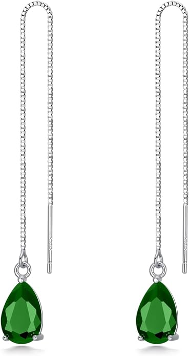 925 Sterling Silver Threader Drop Long Box Chain Ear Line Earrings with 11 * 8mm Birthstone Crystals, Birthday Jewelry Gifts for Women