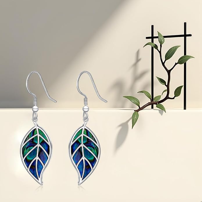 Leaf Earrings for Women Sterling Silver Opal Dangle Earrings Nature Green Blue Opal Drop Leaf Abalone Shell Jewelry Gifts