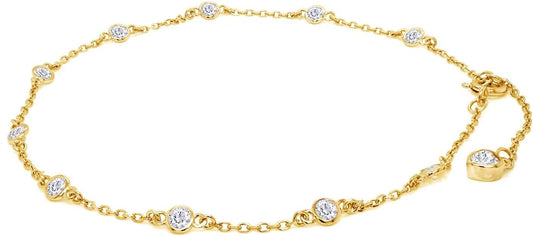 Station Anklet Bracelet For Women 3MM Round Lab Created Moissanite Bezel Set Single Piece Dainty Link Chain Anklet in 14K Gold Plated 925 Sterling Silver 8" to 10" Fine Jewelry
