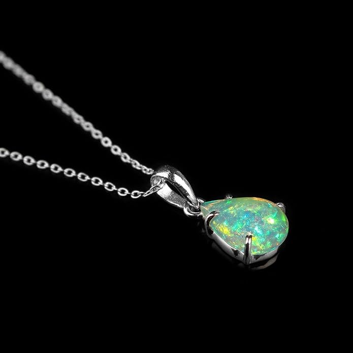Natural Ethiopian Opal Silver Necklace For Women Dainty Cabochon Pendant, October Birthstone, Real Fire Play Pendants for Women, 925 S Adjustable 18 inch Chain, Mother's Day Jewelry Gift - Mom