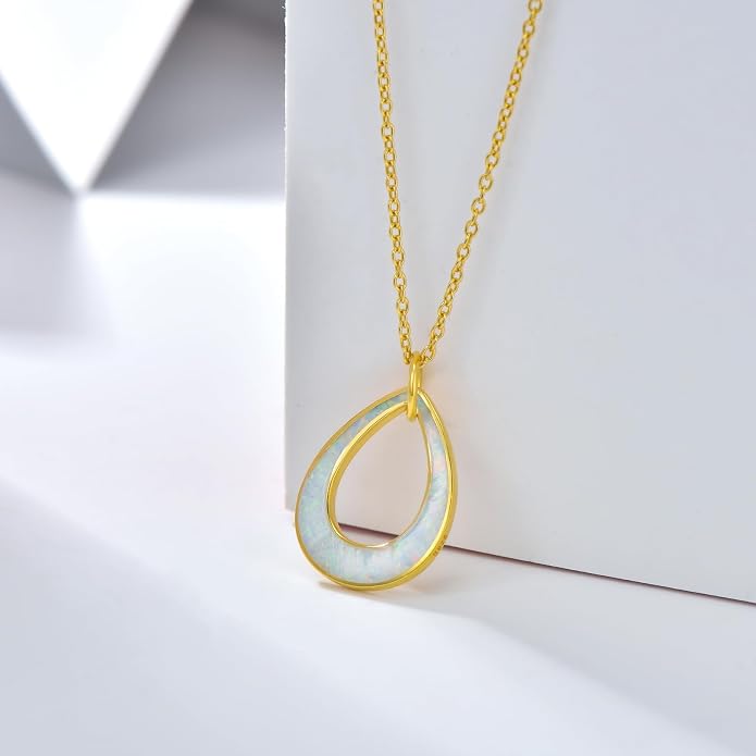 Opal Necklace 925 Sterling Silver 14K Gold Plated Opal Necklace for Women Dainty Opal Pendant White Opal Jewelry Opal Birthstone Necklace 18"-20"