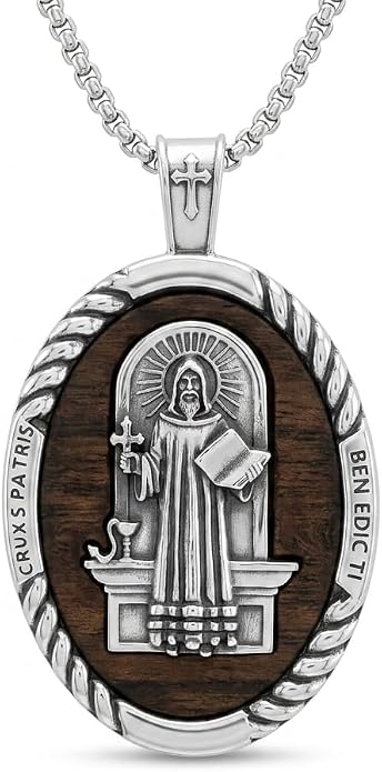 ONEFINITY Wooden Necklace Viking Wolf/St Benedict Medals/St Michael/Crucifix/St Christopher Pendant Necklace for Men Archangel Amulet Wooden Religious Jewelry Gifts for Men Women