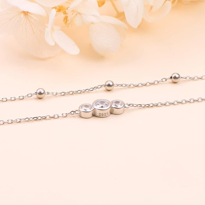Flyow Anklet for Women S925 Sterling Silver Adjustable Foot Beaded Heart Charm Ankle Bracelet Anklets Jewelry