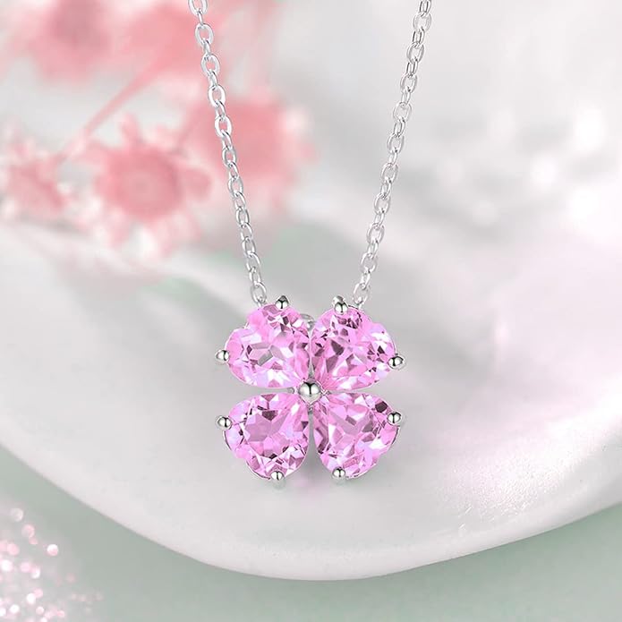 JIANGXIN Colorful Birthstone 925 Sterling Silver Handmade Pendant Necklace for Women Lucky Four Leaf Clover Plant Shamrock Jewelry Rhodium Plated