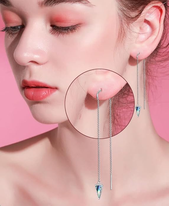 Threader Earrings Triangle Earrings Sterling Silver Created Opal Dangle Drop Long Chain Earring for Women Thread Earrings
