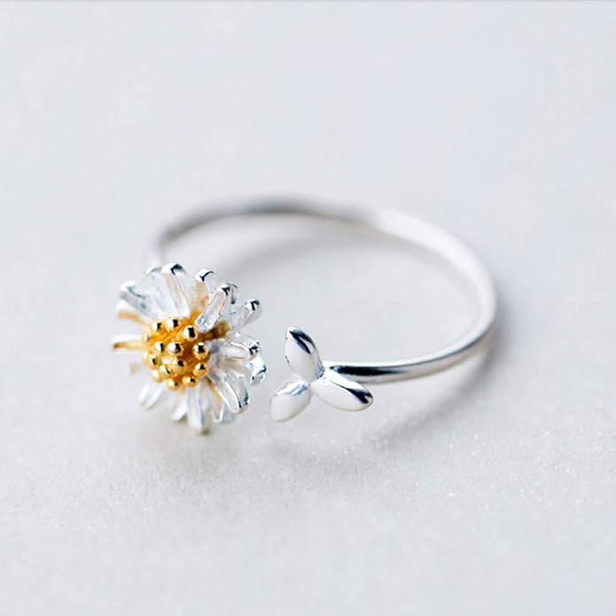 NewZenro Daisy Flower Cute Leaf Sterling Silver Engagement Open Toe Rings Dainty Adjustable Gold Plated Finger Promise Statement Sunflower Ring Jewelry Gifts for Birthday Women Daughter