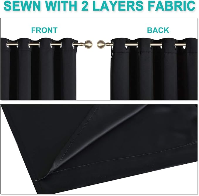NICETOWN 100% Blackout Window Curtain Panels, Full Light Blocking Drapes with Black Liner for Nursery, 72 inches Drop Thermal Bedroom Drapes and Curtains (Black, 2 Pieces, 42 inches Wide Per Panel)