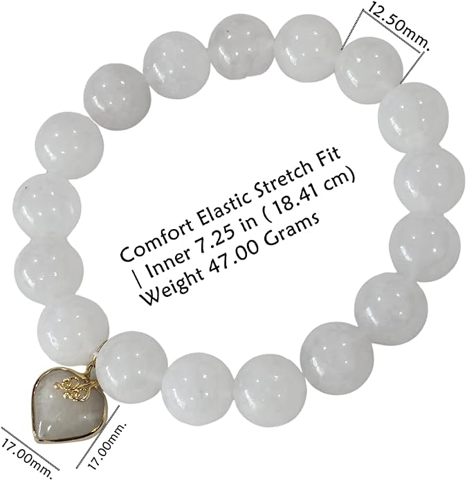 Premium White Jade Bracelet with Heart Charm – Natural White Jade Beaded Stretch Bracelet for Women, Elegant Lucky Crystal Jewelry Gift with Red Satin Pouch