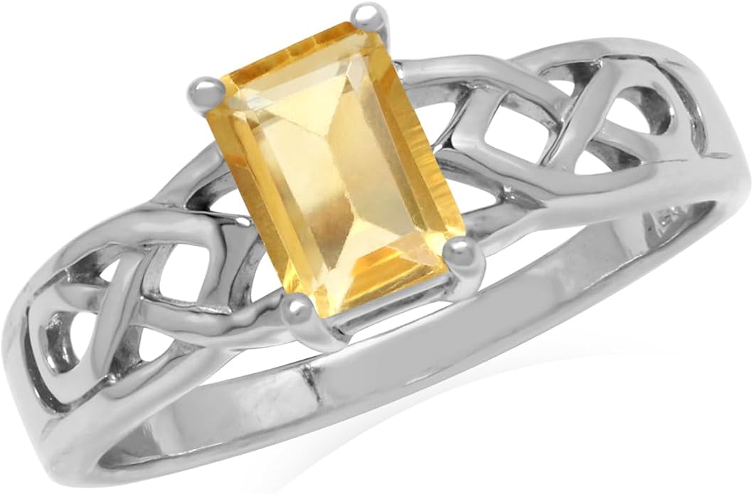 Silvershake 7X5mm Octagon Shape Birthstone Gemstone White Gold Plated or Yellow Gold Plated 925 Sterling Silver Scroll/Filigree Celtic Knot Solitaire Ring Jewelry for Women