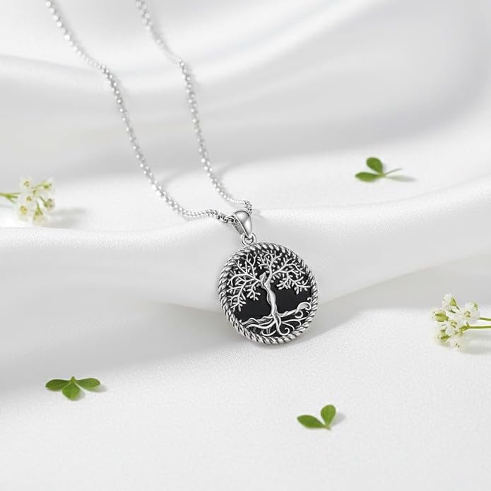Tree of Life Necklace 18K White Gold Plated Turquoise/Pearl Shell/Malachite/Abalone Shell/Blue Opal/Black Onyx Tree Necklace Jewelry Gift for Women Men,22+2"