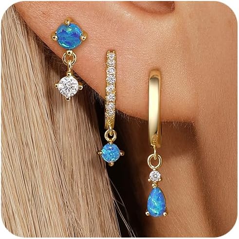 Angelady Opal Earrings Set for Women, Hypoallergenic S925 Sun Stud Earring for Sensitive Ears, Dainty Hoop Huggie Silver Opal Dangle Earring Stacks, Blue Earrings for Women Trendy 2025
